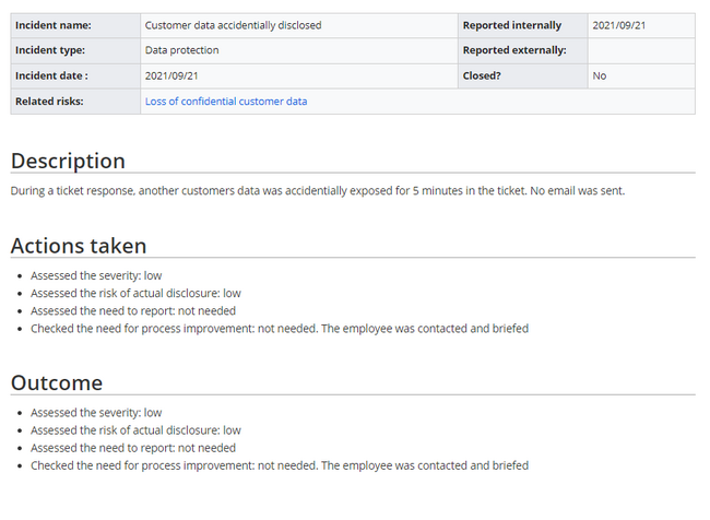 Screenshot of incident report table